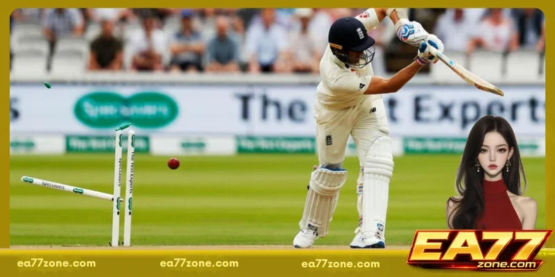 Player swinging a bat while striking a moving ball with stumps visible in the background during live play
