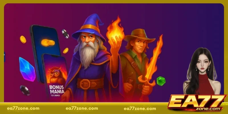 Fantasy-themed characters with glowing effects and mobile interface elements representing interactive digital entertainment