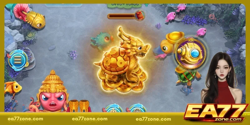 Golden creature surrounded by underwater elements with animated targets and collectible items in a shooting-style game