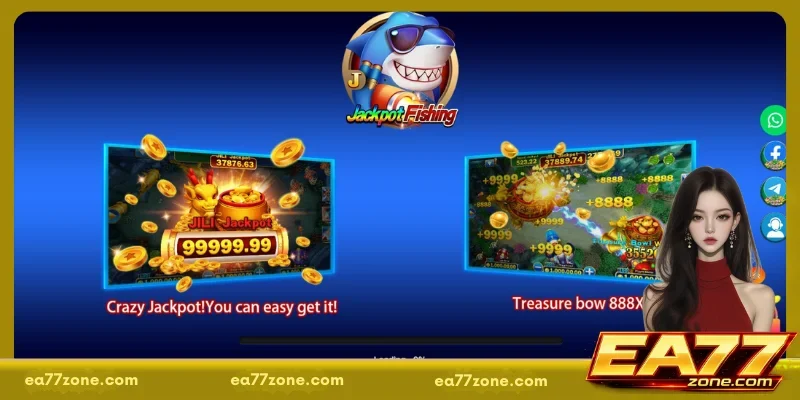 Arcade-style ocean shooting interface showing coin explosions, bonus triggers, and high-value prize indicators