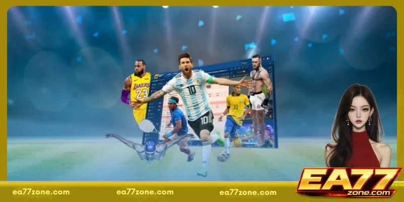 Athletes from different sports displayed with a digital betting interface showing match selections and real-time data