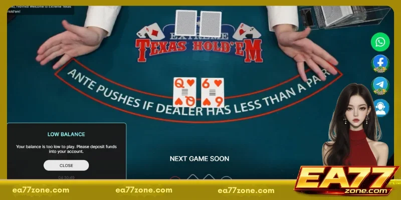 Dealer hands positioned over a card table with visible playing cards and rule markings for a casino-style round